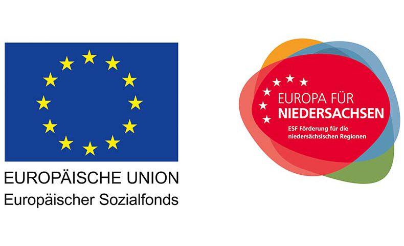 Fahnen der Europäischen Union, Europäischer Sozialfonds. Zweites Loge ist das der ESF Förderung für die niedersächsischen Regionen. Europa für Niedersachsen.
