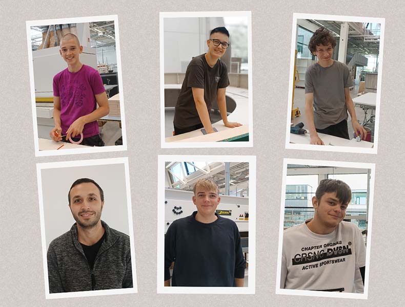 6 fröhliche, junge Gesichter in einer Tischlerwerkstatt. Es geht um die Ausbidung zum Tischler oder Holzmechaniker
